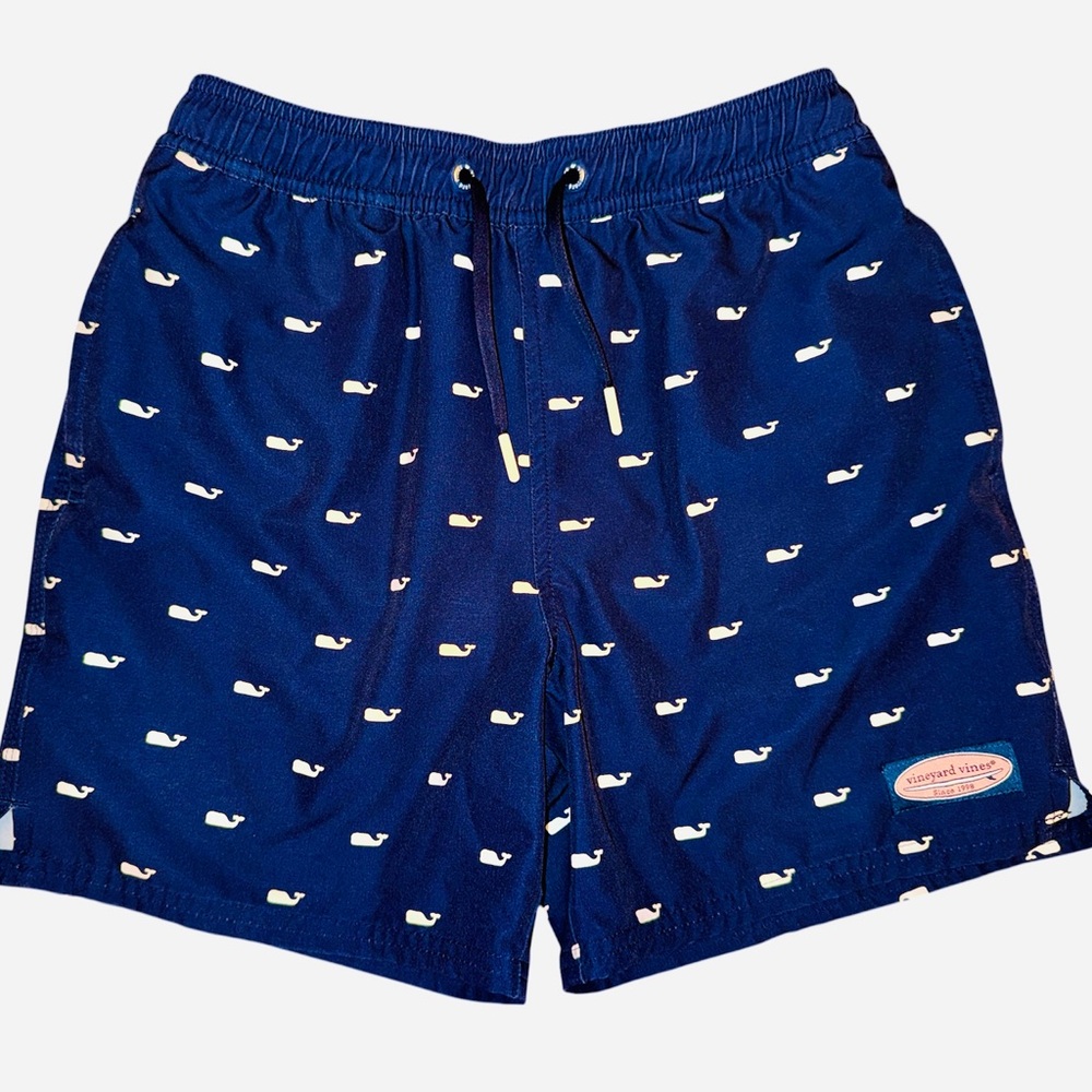 Vineyard Vines Boys Whale Print Swim Trunks Youth Medium Navy and white - Picture 2 of 5